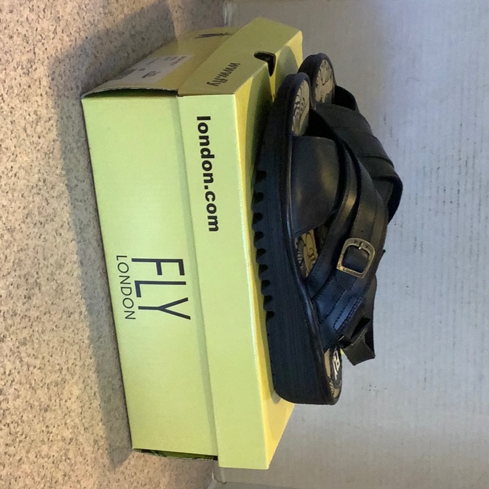 FLY London Leather Bridle Black Wedge Sandal sz 40